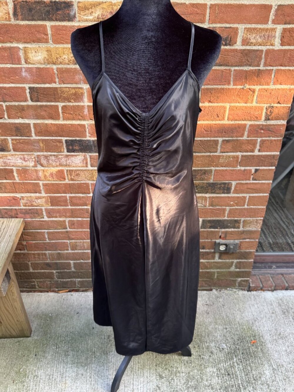 A New Day Black Satin Slip Dress Ruched Front Midi Dress Size M